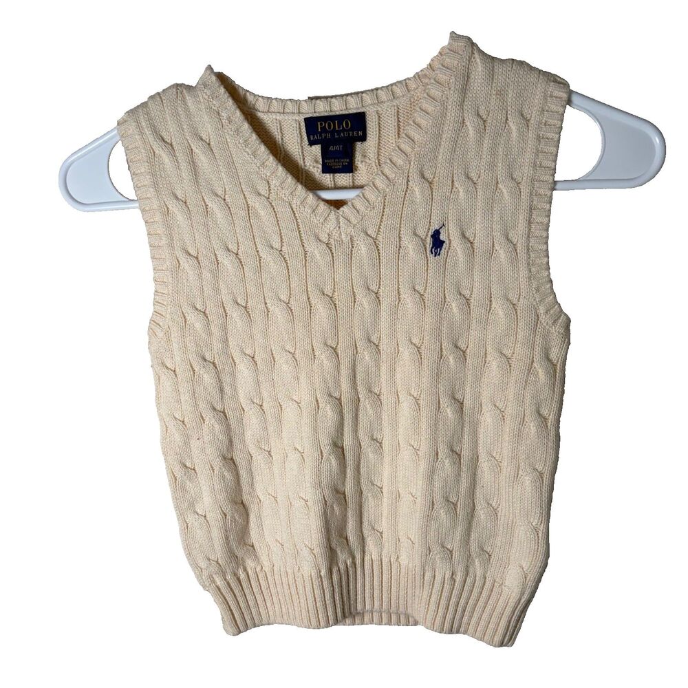 Polo Ralph Lauren Sweater Vest 4/ 4T Boy's Cream Cable Knit Pullover V-Neck